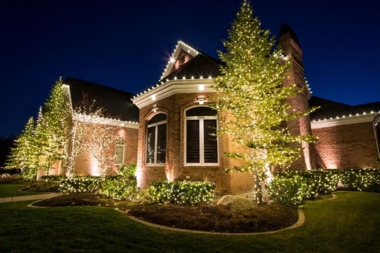 Warm white lights wrapped around trees beside a brick home
